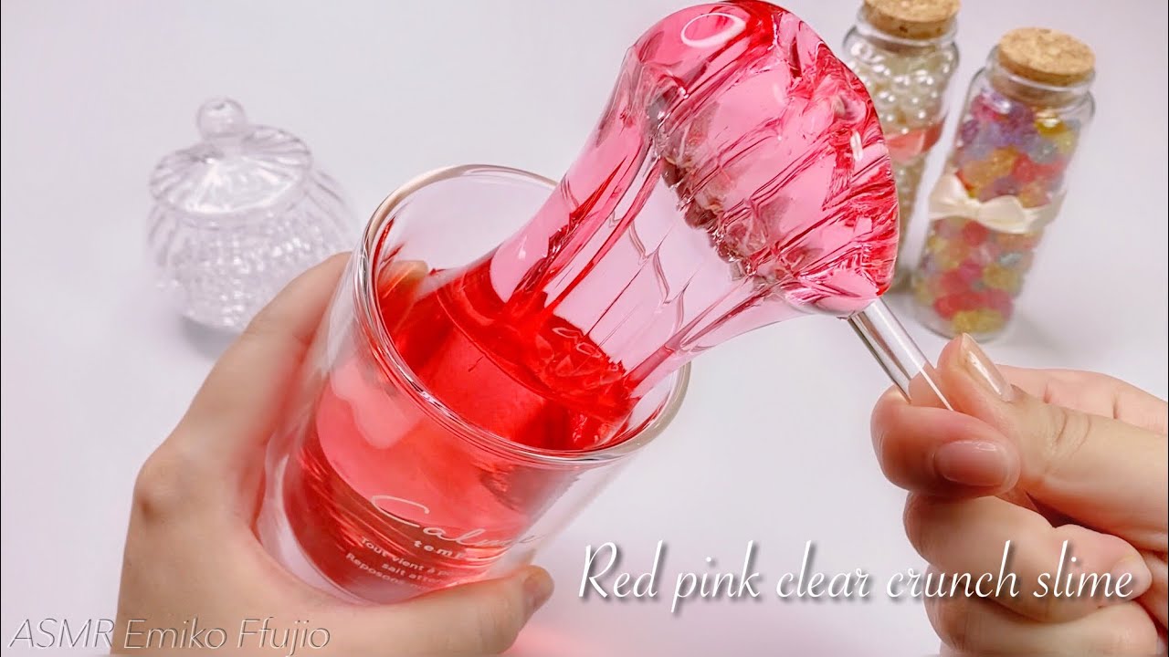 【ASMR】🍒ねりあめクリアスライム＆フィッシュボールパールビーズ💝【音フェチ】Red pink clear crunch slime 레드 클리어 비즈 슬라임