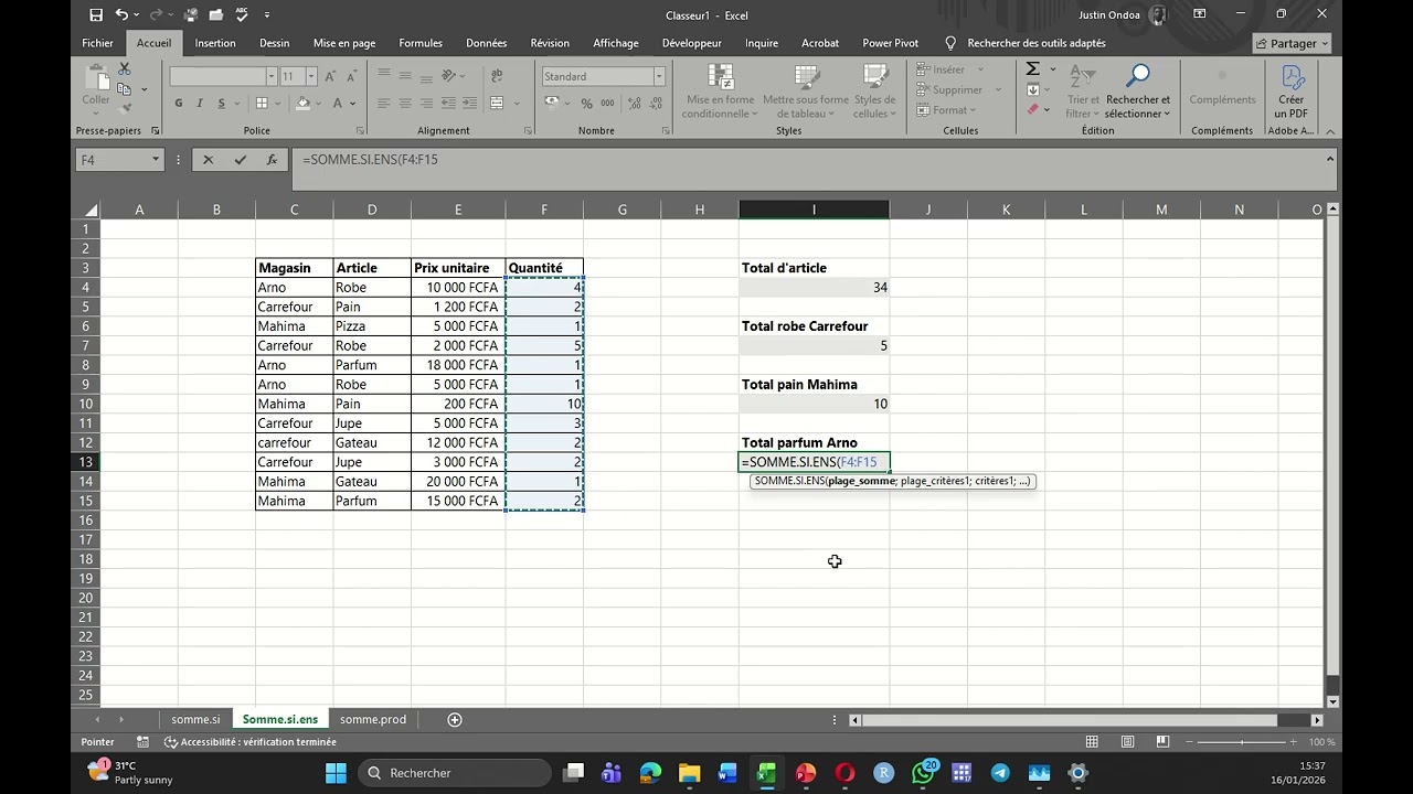 Module 1-Excel : S3-C7 Fonctions mathématiques 1 (SOMME, SOMME.SI, SOMME.SI.ENS, SOMMEPROD)
