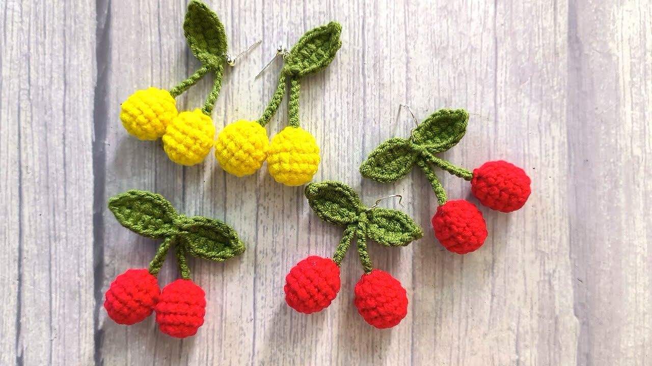 crochet cherry earrings, cherry hair clips