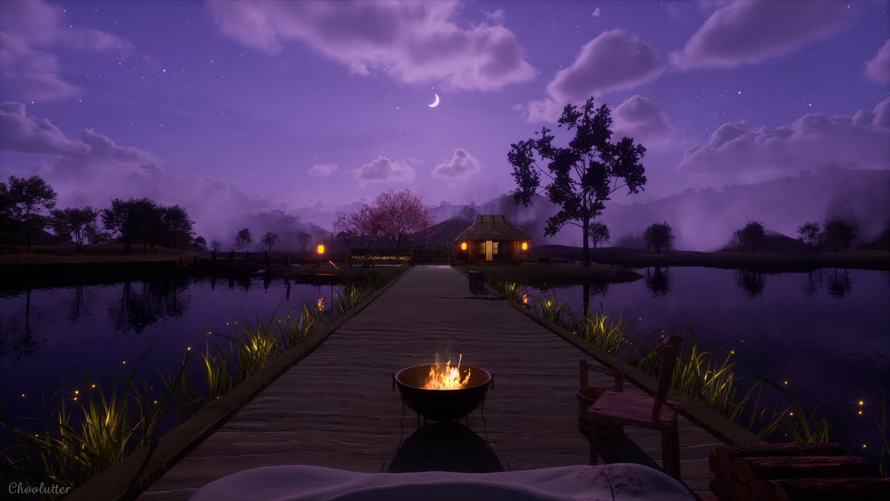 A Beautiful Purple Night Ambience In A Peaceful Countryside | Crackling Fire, Crickets, Water Sounds
