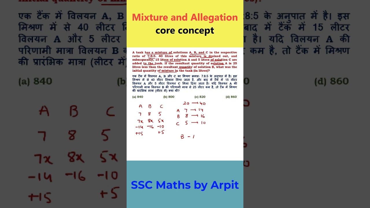 Mixture and Allegation Questions for govt exams | SSC Maths by Arpit #ssccgl #maths