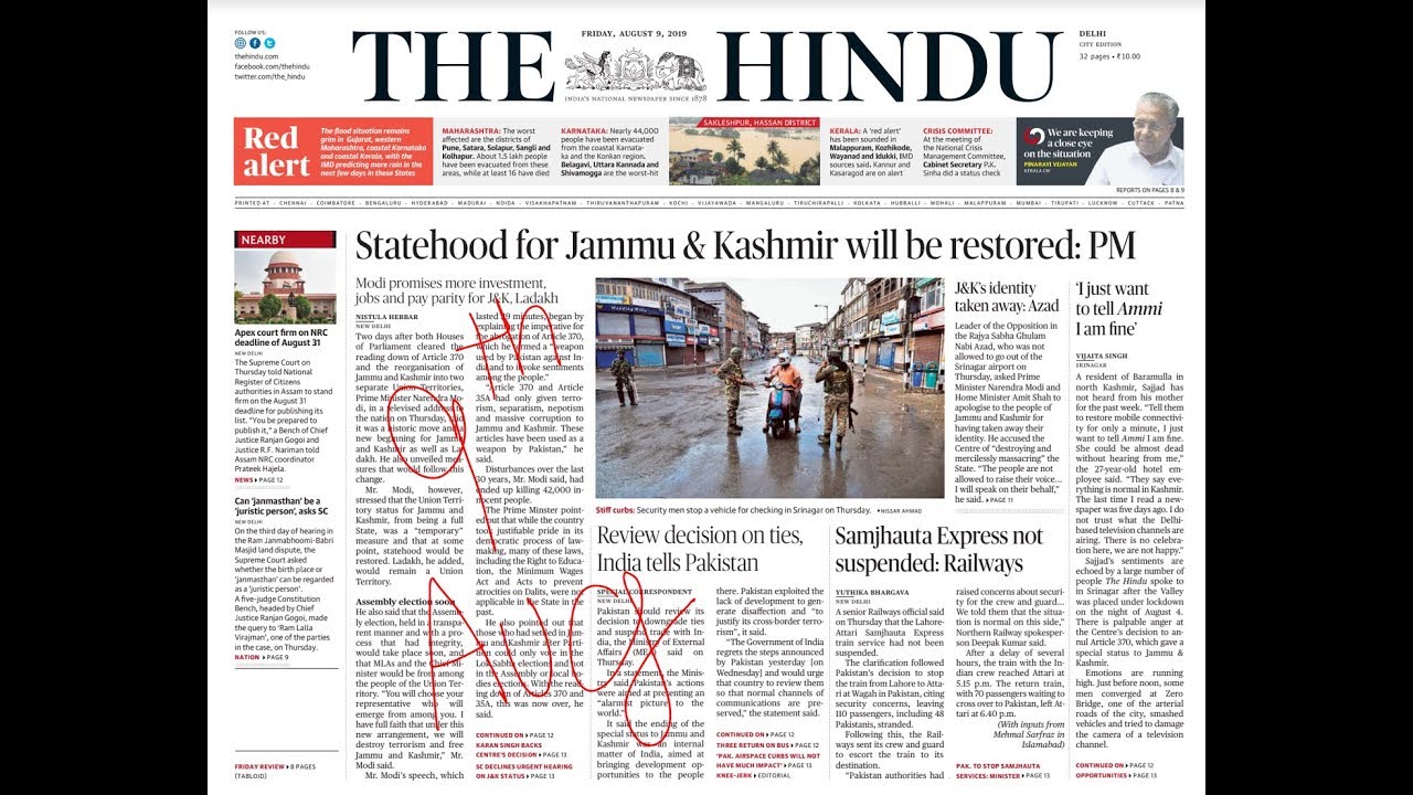 The Hindu Newspaper 9th August 2019