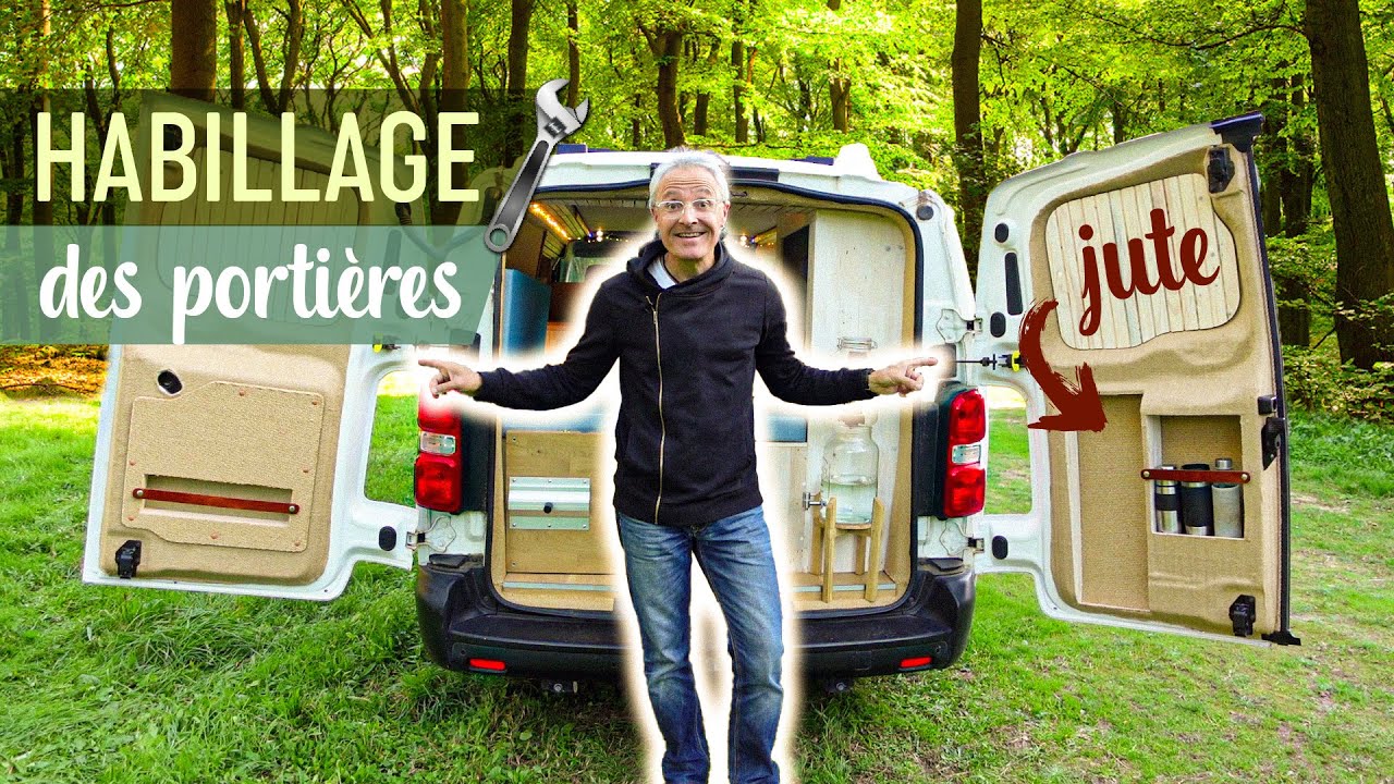 #43. Habillage des porti&egrave;res du van &ndash; toile de jute, cuir et bois de palettes
