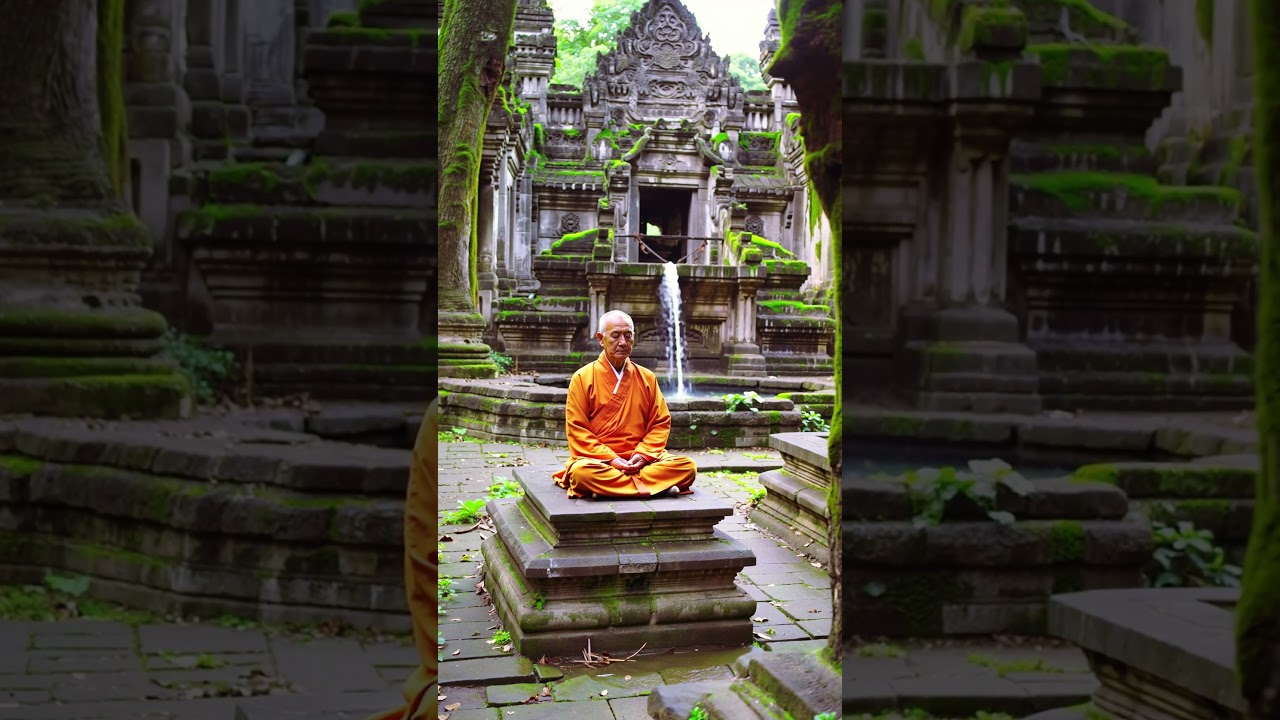 Monk Meditates in the Ruins of Angkor Wat