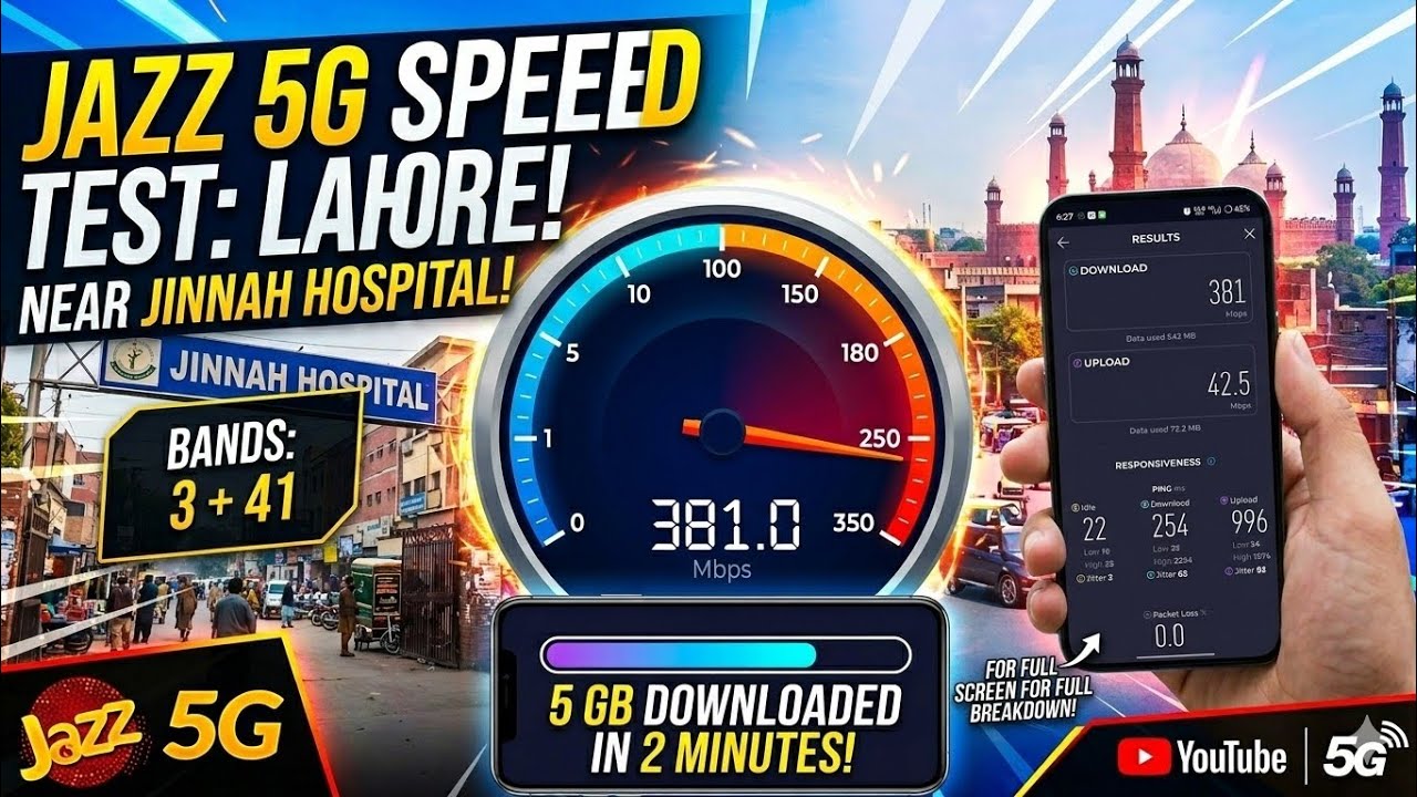 Jazz 5G Speed Test - Lahore (Jinnah Hospital) 5GB 🔥  downloaded in 2 min 