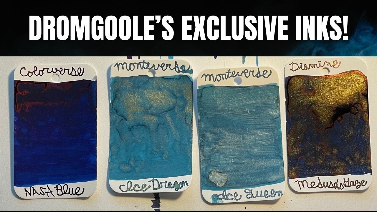Swatching four Dromgoole's exclusive inks from Monteverde, Colorverse, and Diamine