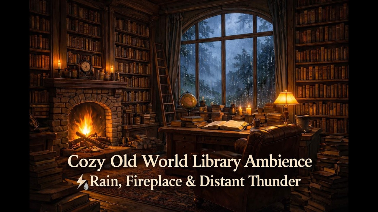 COZY Old World Library Book Ambience 🌧️📖 Rain, Fireplace & Distant Thunder for Reading, Work & Sleep