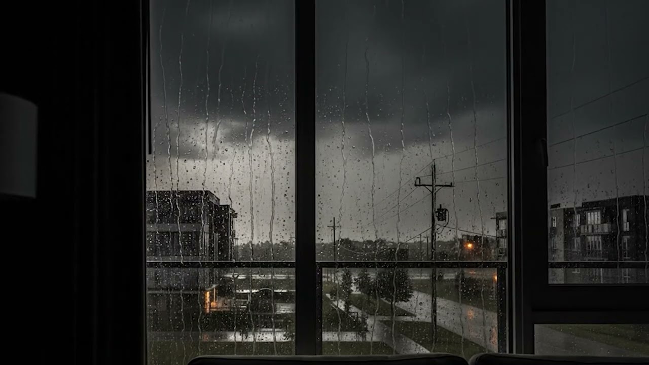 Peaceful Night Rain Over Village | Stormy Weather from Window View | Distant Rolling Thunder