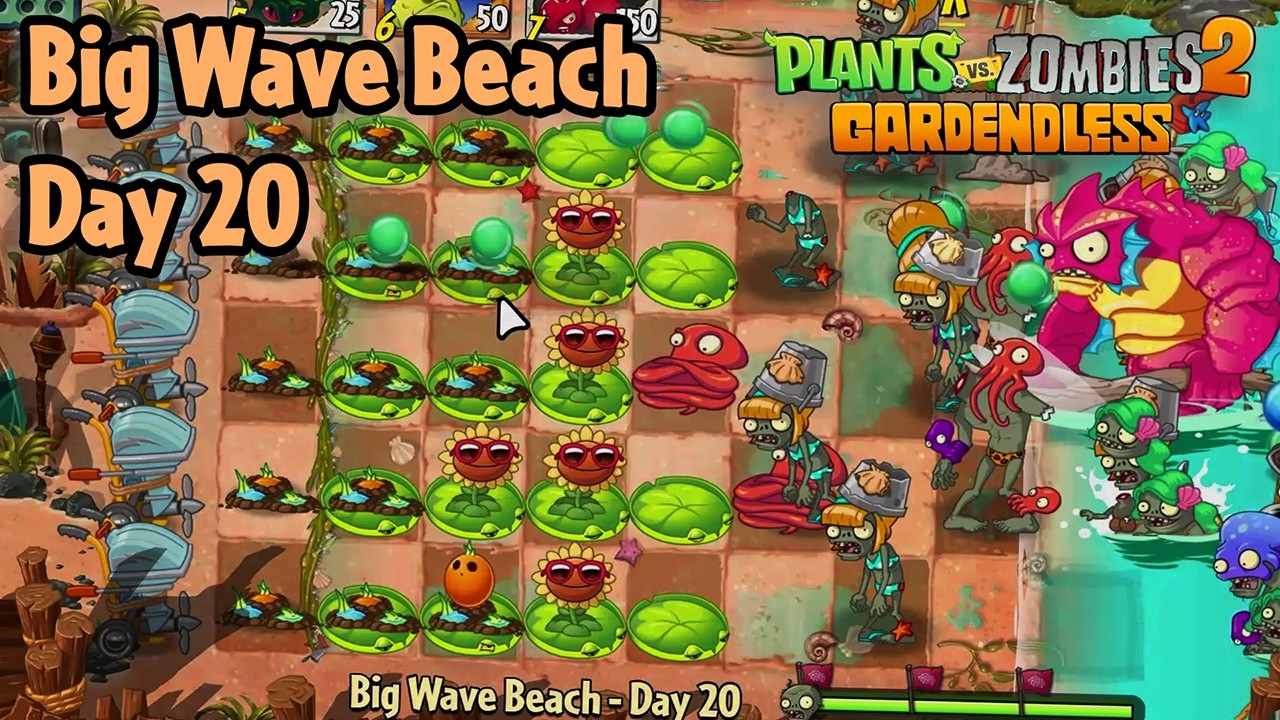 Big Wave Beach - Day 20 [PC] (Hardest difficulty) | Plants vs Zombies 2 Gardendless