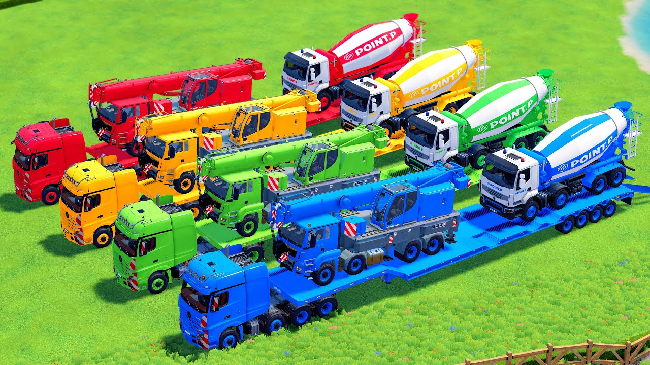 TRANSPORTING ALL COLOR MIXER TRUCK WITH DOUBLE FLATBED TRUCK, CRANE, MAN, MERCEDES, RENAULT, MACK