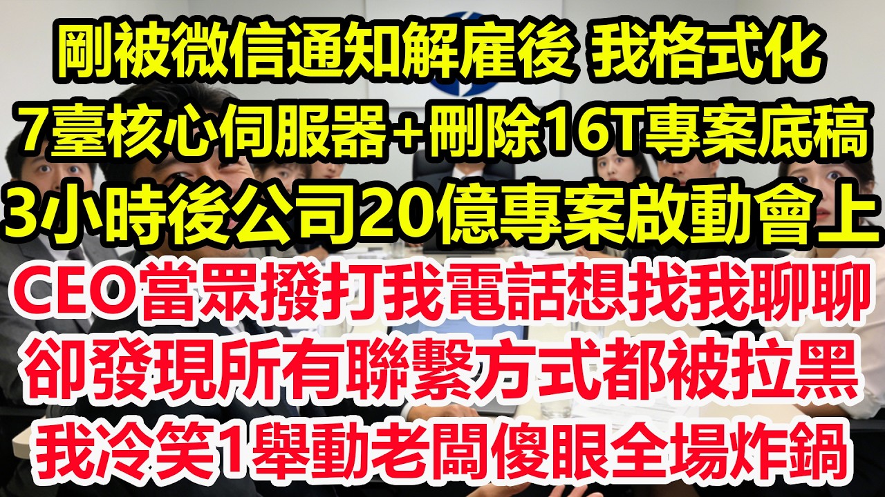 剛被微信通知解雇後，我格式化7臺核心伺服器+刪除16T專案底稿，3小時後公司20億專案啟動會上，CEO當眾撥打我電話想找我聊聊，卻發現所有聯繫方式都被拉黑，我冷笑1舉動老闆傻眼全場炸鍋！#職場 #生活