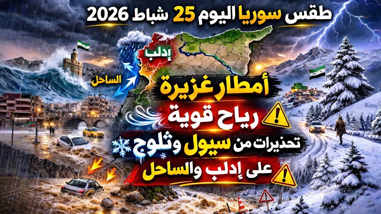 طقس سوريا اليوم 25 شباط 2026 | أمطار غزيرة 🌧️ ورياح قوية ⚠️تحذيرات من سيول وثلوج ❄️ على إدلب والساحل