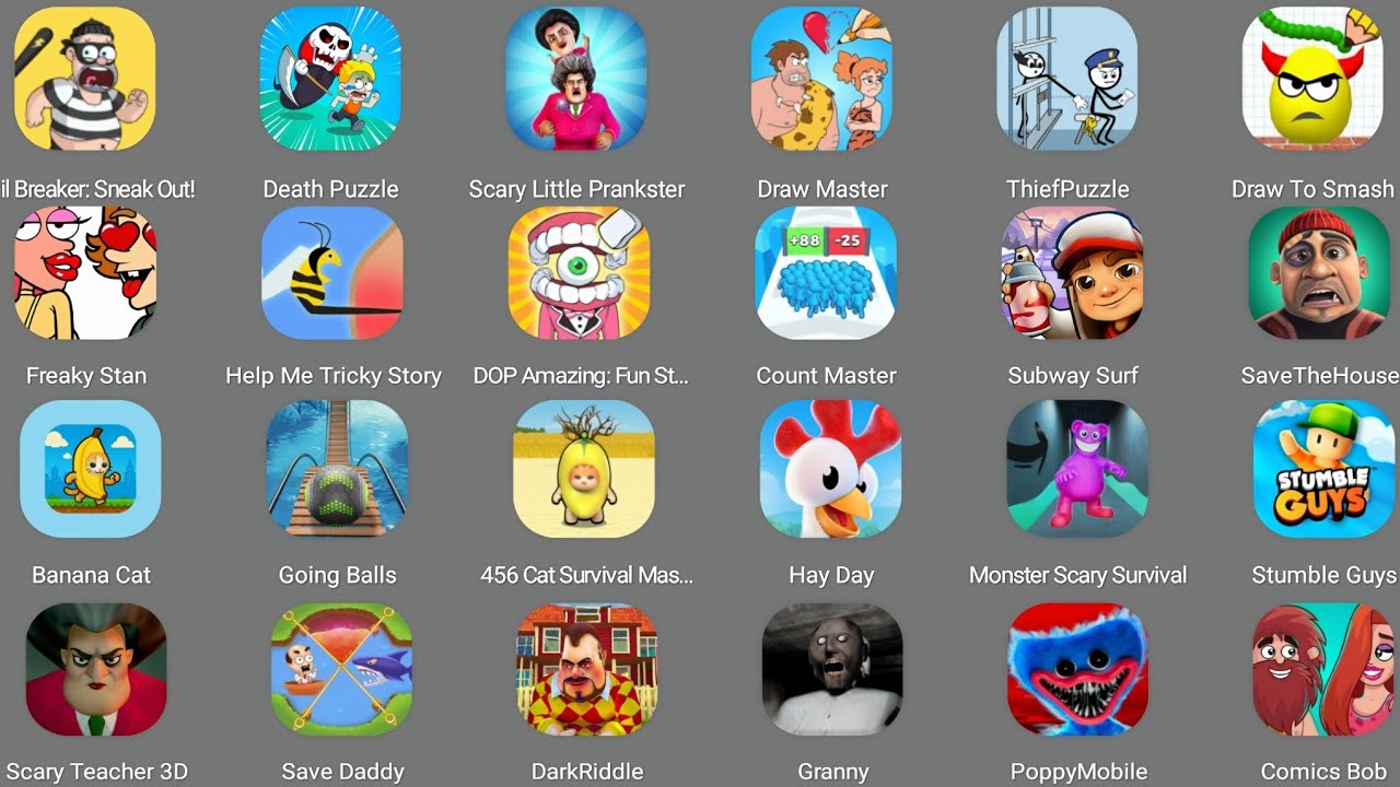 Roblox,Sprunki Survival,Dark Riddle,Granny,Going Balls,Scary Teacher,Comic Bob,Count Master,Hay Day 