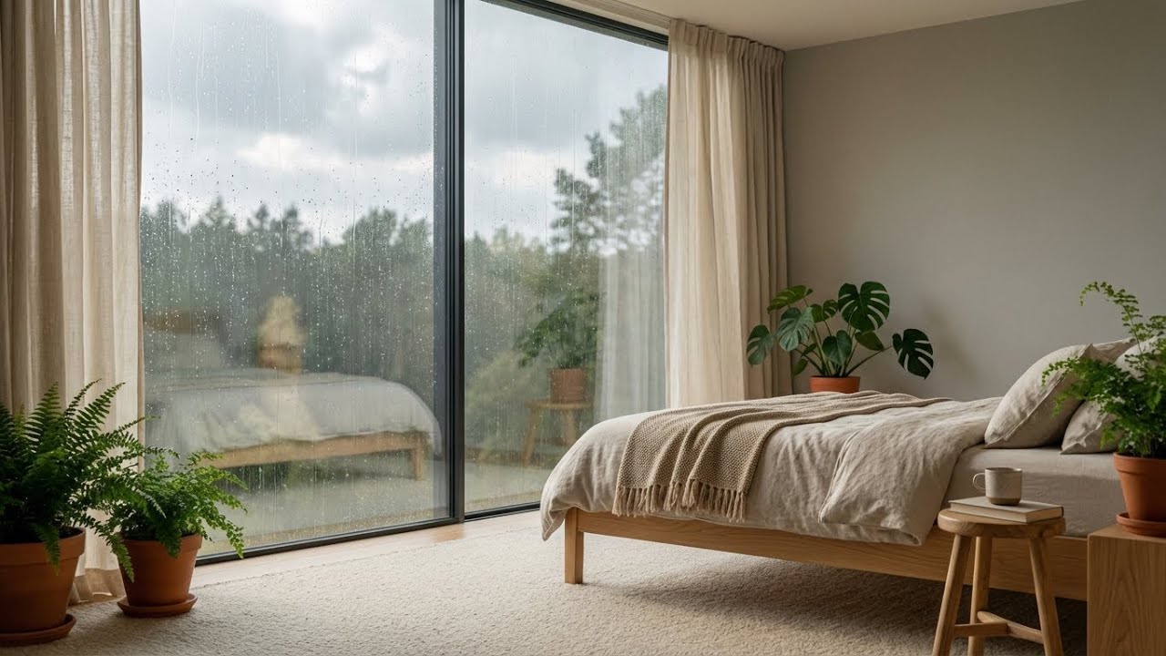 Quiet Mind Rain Sounds for Sleeping Minimalist Lounge with Forest View Relax Your Soul 🌧️