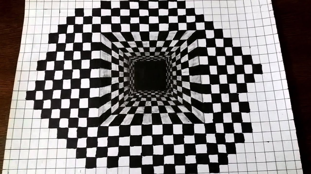 رسم حفرة داخل مربعات شطرنج - رسم خدع بصرية ثلاثي الابعاد - رسم 3d