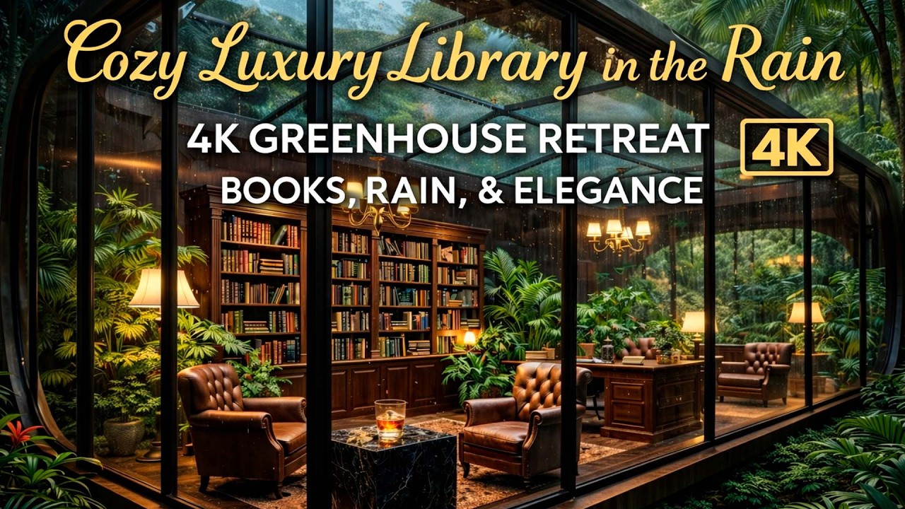 Luxury Greenhouse Study: Cozy Rain & Books / Rain in a Luxury Greenhouse Library