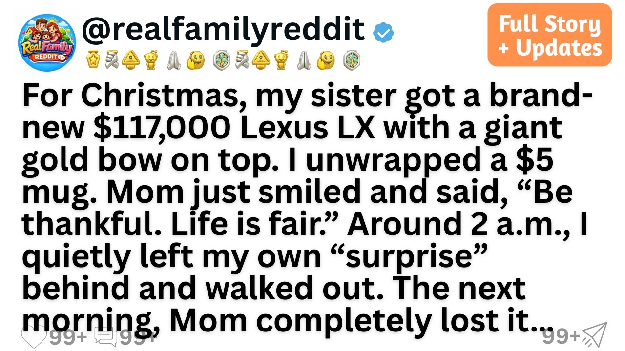 For Christmas, my sister got a brand-new $117,000 Lexus LX with a giant gold bow on top. I unwrap...