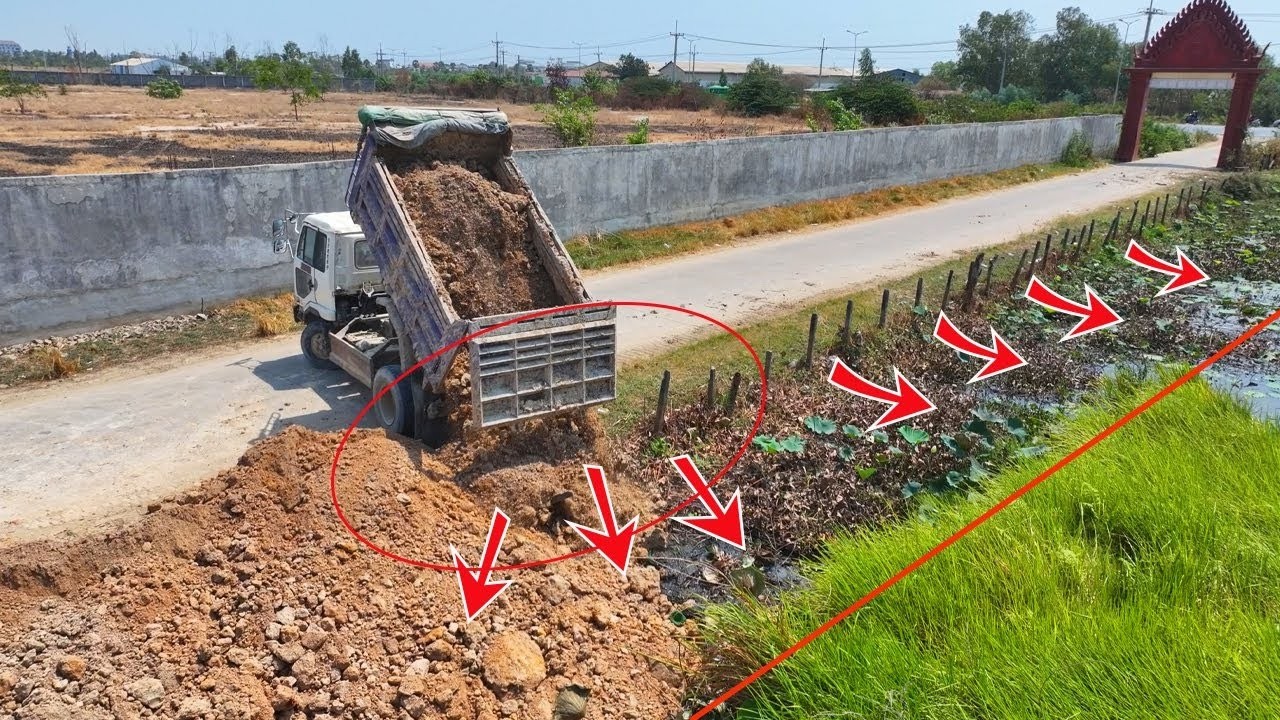 Amazing Delete Pond Project by Mitsubishi Bulldozer Move Dirt, Team 5 Ton Truck Spreading