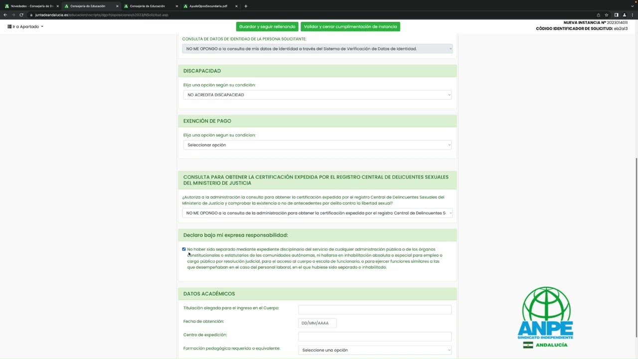 Tutorial para rellenar la instancia de las oposiciones docentes de Andalucía en 2023.