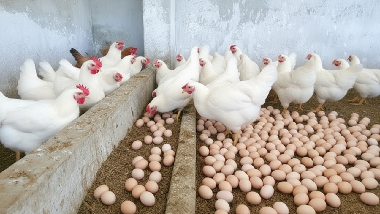 Thousands of Eggs Cover the Floor 🥚 | Inside an Egg Laying Chicken Farm - Harvesting eggs.