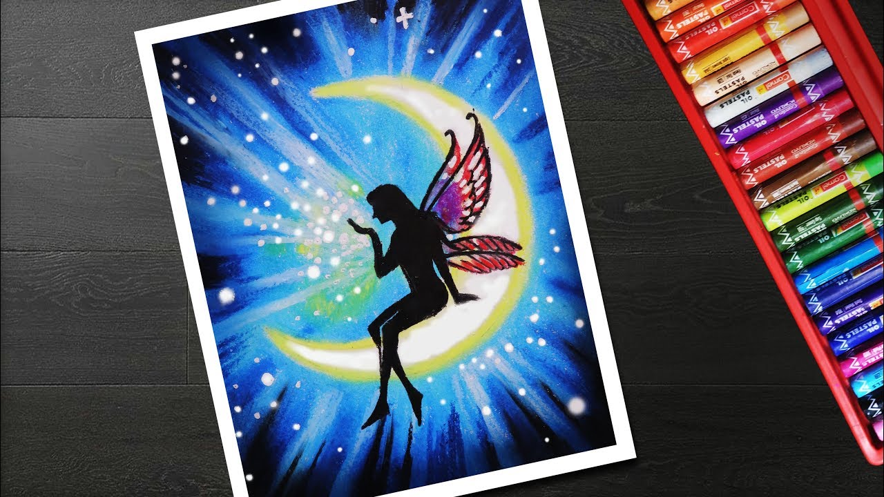 How to draw Wonderful Fairy and Moon Scenery drawing with oil pastel for beginners