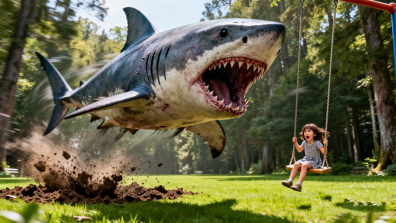 巨鲨破土飞出，荡秋千的女孩惨遭鲨口袭击！不料竟绝境逢生！