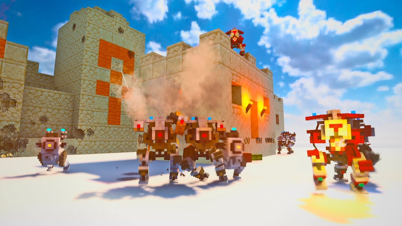 Superman vs waves of Robots in minecraft village Teardown