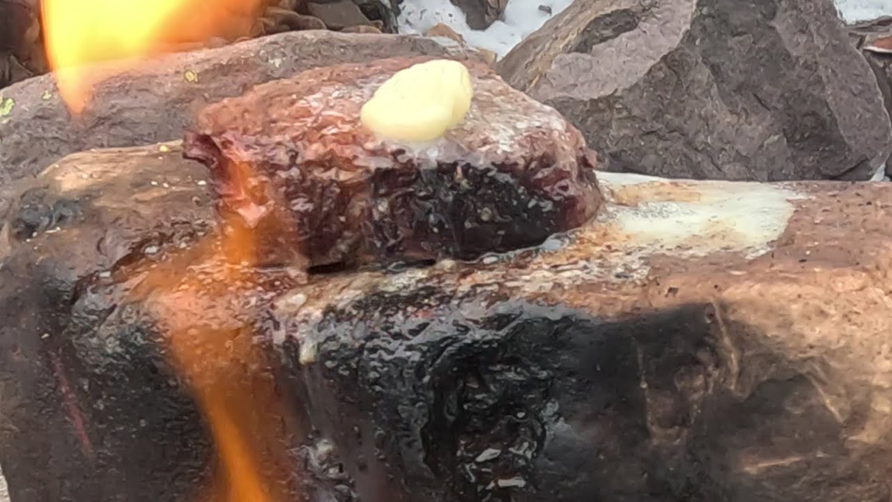Hot Iron Tenderloin Steak, Cheese Sandwich by a Wilderness Stream