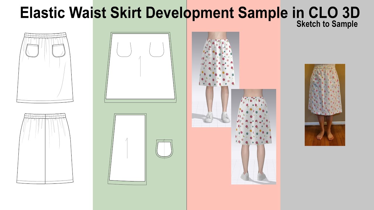 Elastic Waist Skirt Development Sample in CLO 3D_Sketch to Sample