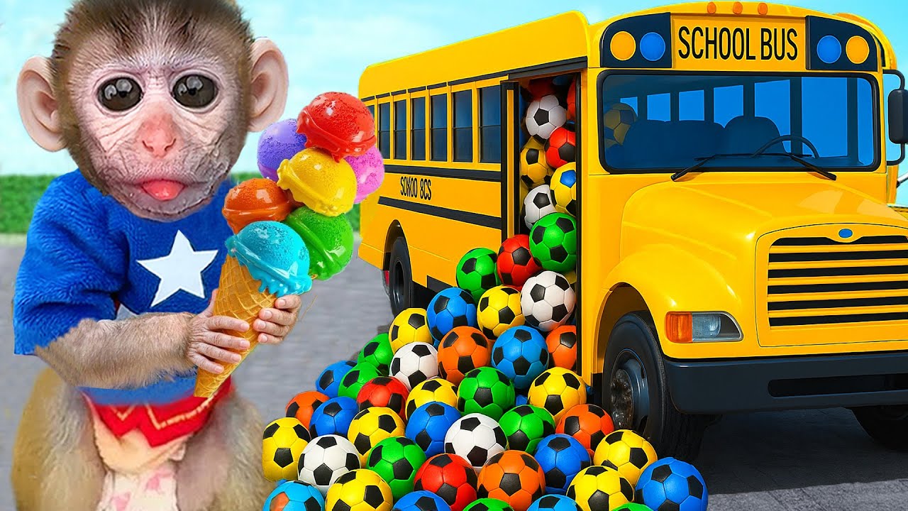 Beb&eacute; Mono DuDu va a la escuela y juega al f&uacute;tbol arco&iacute;ris con un lindo patito - MONKEY DUDU