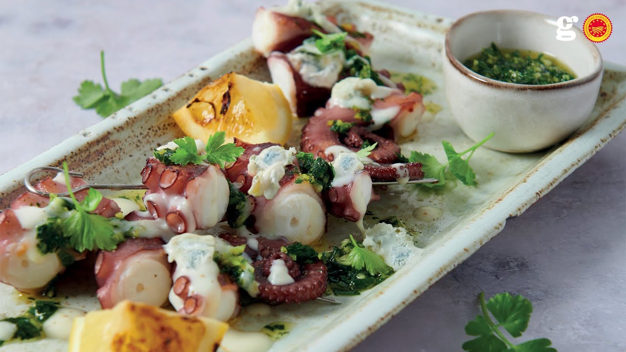 Bl&aelig;kspruttespyd med Gorgonzola DOP sauce og gremolada