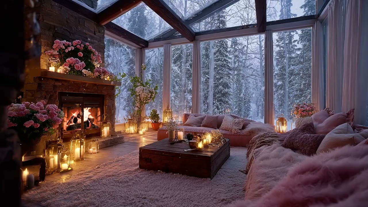Snowy Windstorm and Fireplace Crackling / Winter Cabin Night ASMR Ambience for Sleep 3 Hours