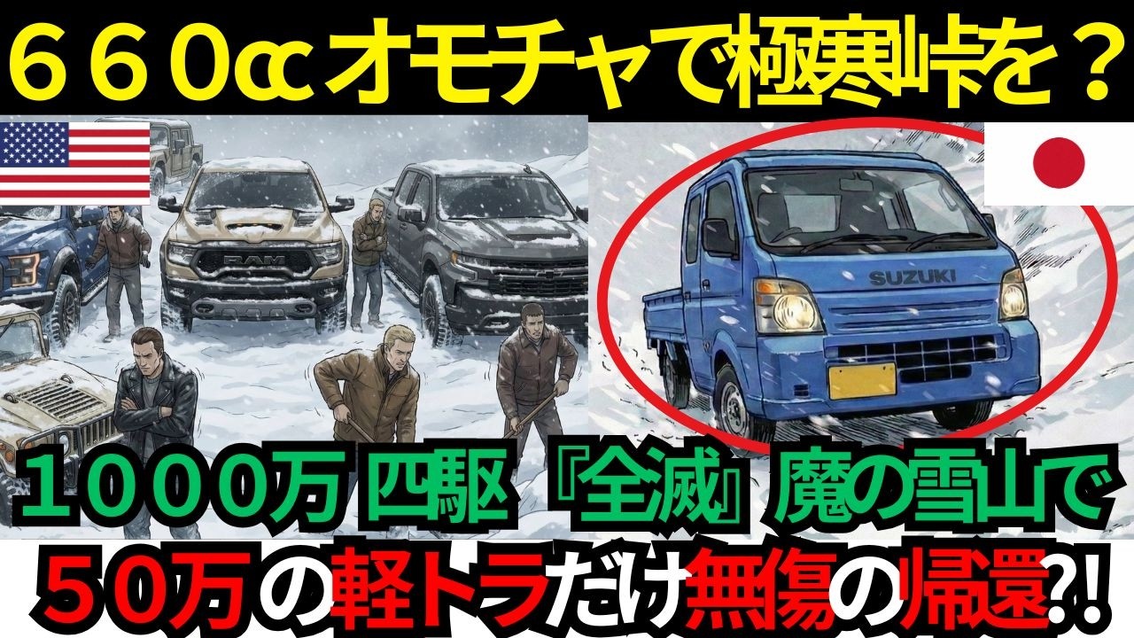 【海外の反応】1000万の巨大四駆が埋もれる過酷な豪雪地で、50万の日本の中古｢軽トラ」だけが、なぜ生還できたのか？物理学が証明する小さな「怪物」の正体