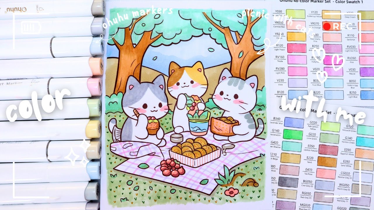 🐱 art vlog: coloring with ohuhu art markers // coloring cat picnic #ohuhumarkers #ohuhuart