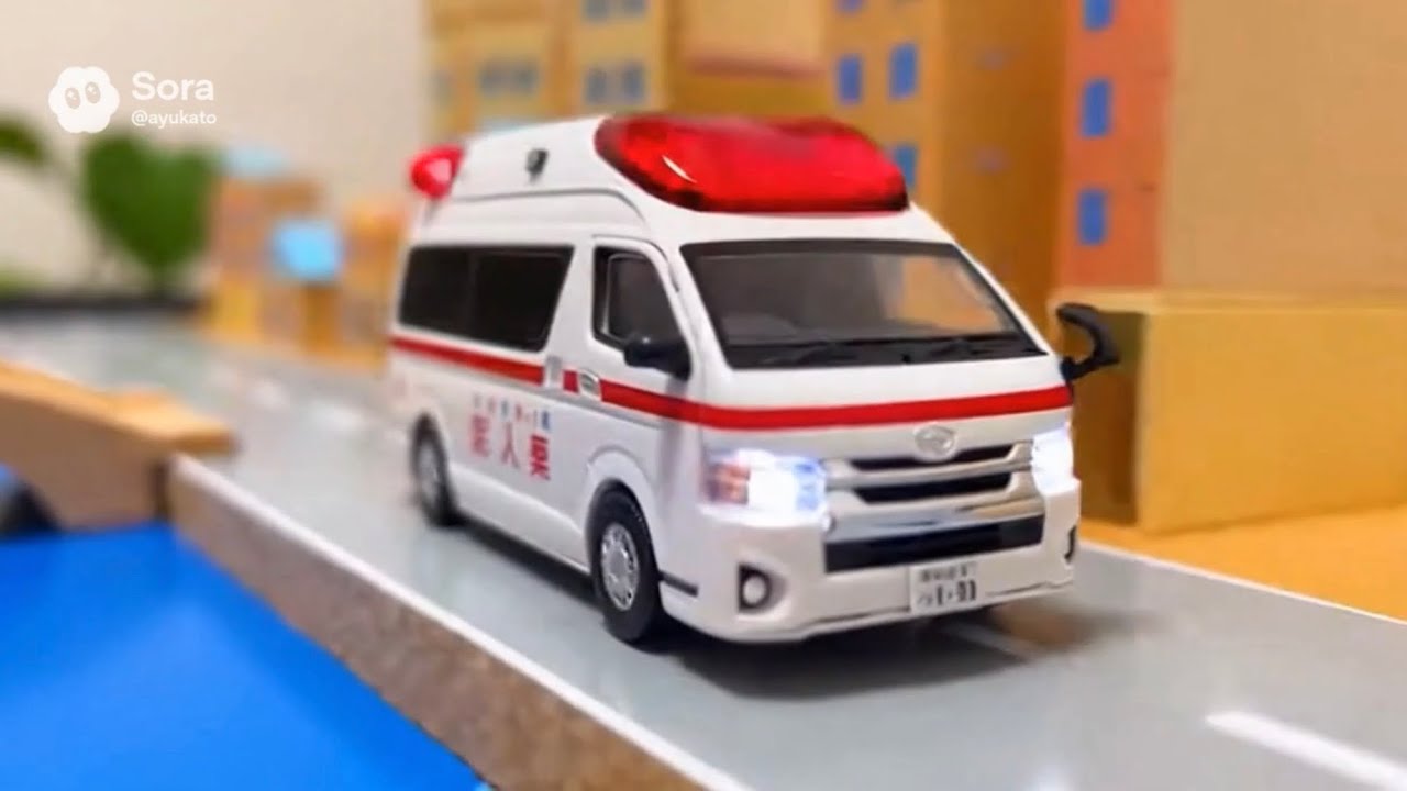 Ambulance running through a toy town for kids