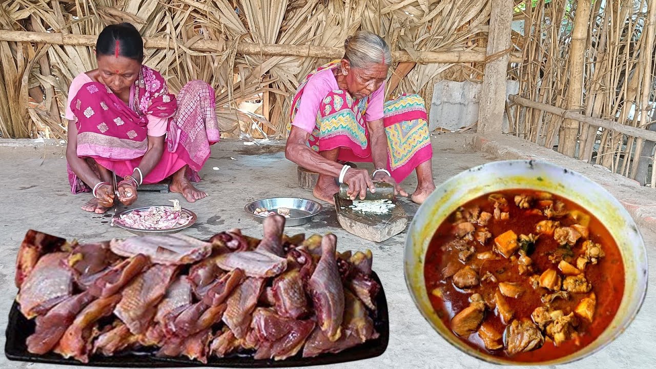 COUNTRY MEAT CHICKEN CURRY||tribal grandmother cooking delicious country meat chicken||