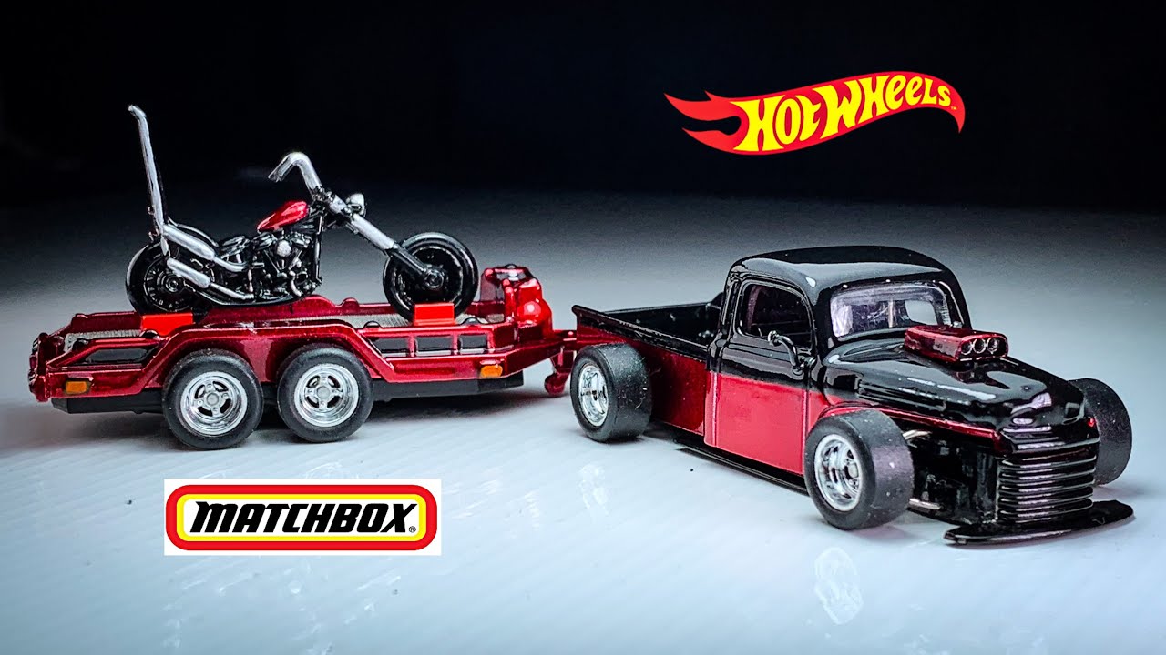 Hot Rod ‘49 Ford F1 Hot Wheels custom with Oldschool Chopper Trailer Matchbox custom ketupat sayur