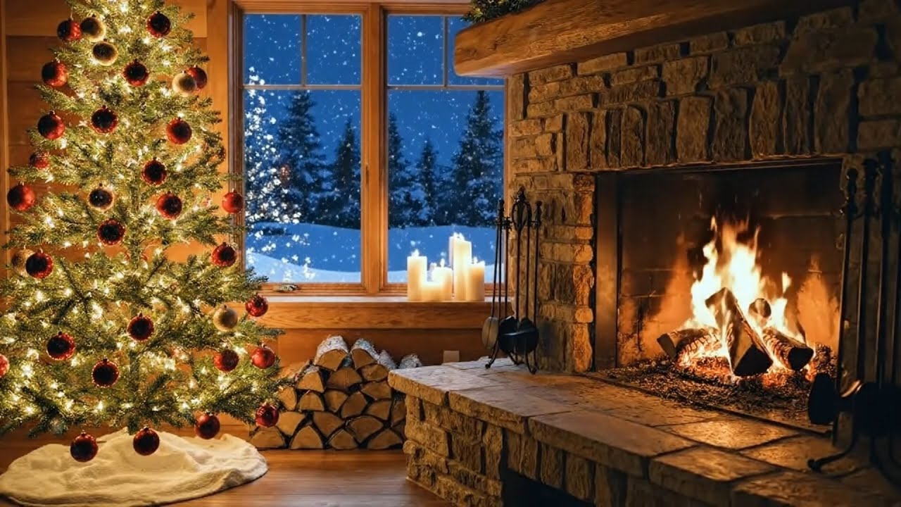 Cozy Christmas Fireplace | Warm Fireplace Ambience with Relaxing Piano Music | Snowy Night