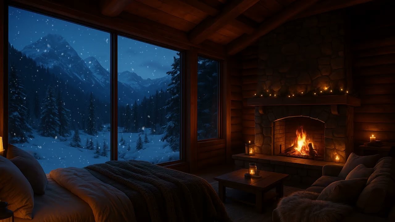 Warm Fireplace Inside a Snowy Cabin | Relaxing Winter Wind Sounds