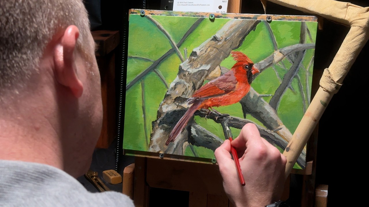 Oil Painting a Northern Cardinal