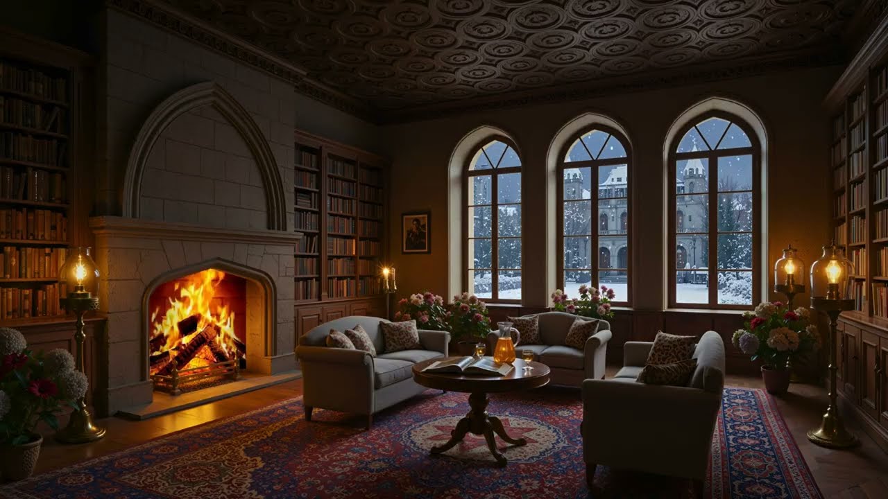 Winter Library Ambience | Crackling Fireplace, Snowfall & Soft Lighting for Focus (3 Hours, 4K)
