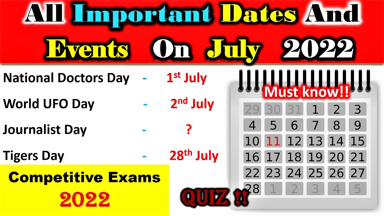 All Important Dates Of July 2023 | All Dates And Events Of July 2023 Quiz | National Days Of July