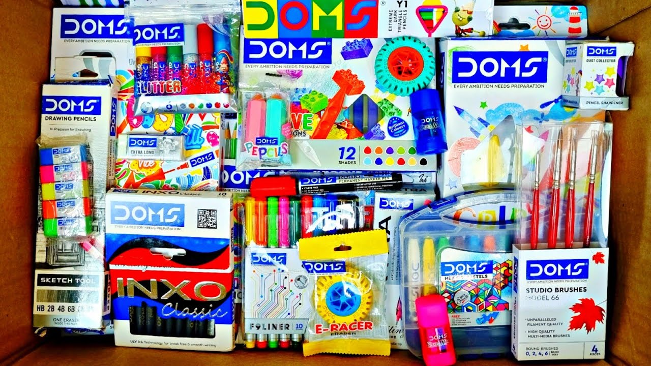 Unboxing DOMS Stationery collection - Eraser, colours, Pencil, Sharpener, sketch pen, crayons, clay