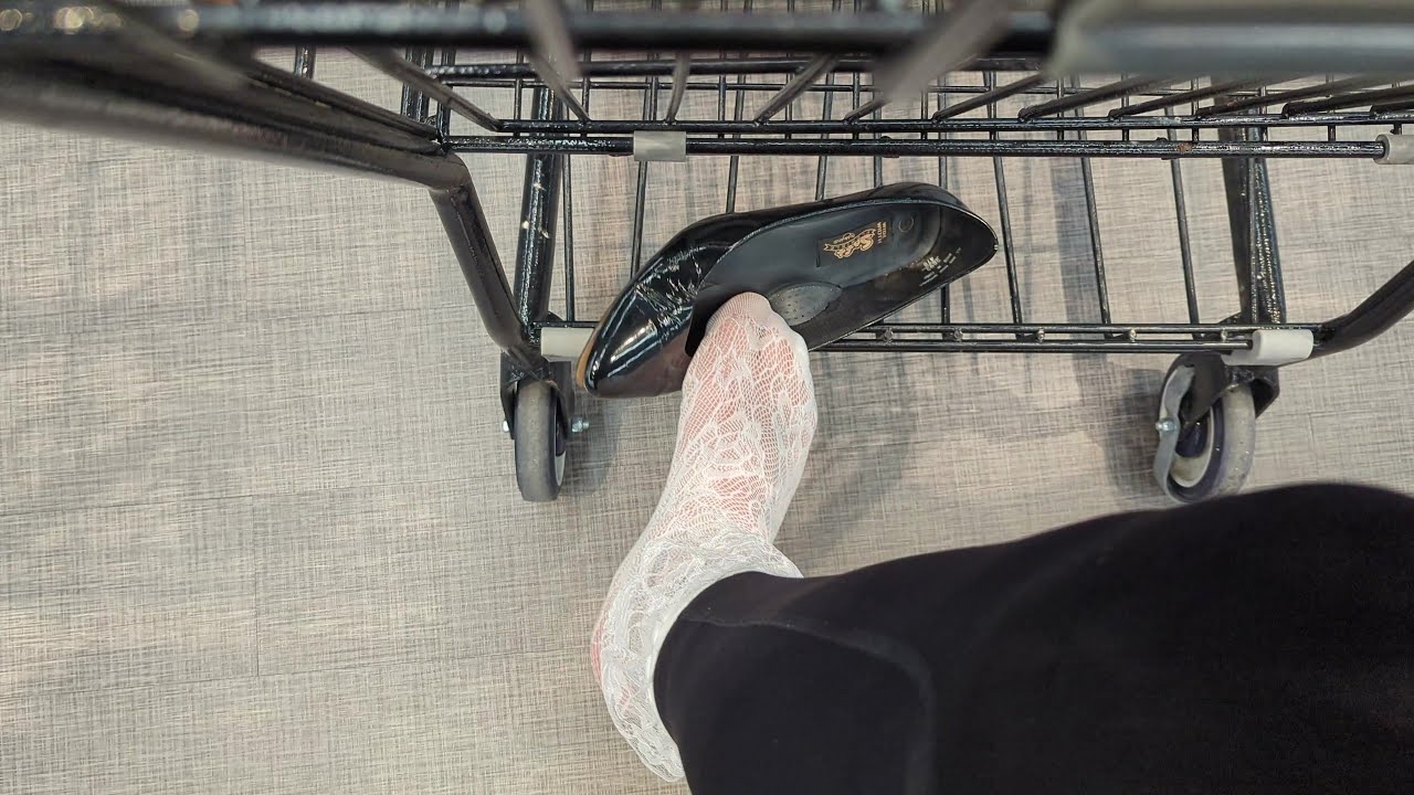 Shopping Cart Shoeplay With Lacy Socks and Black Patent Highlights Kitten Heels