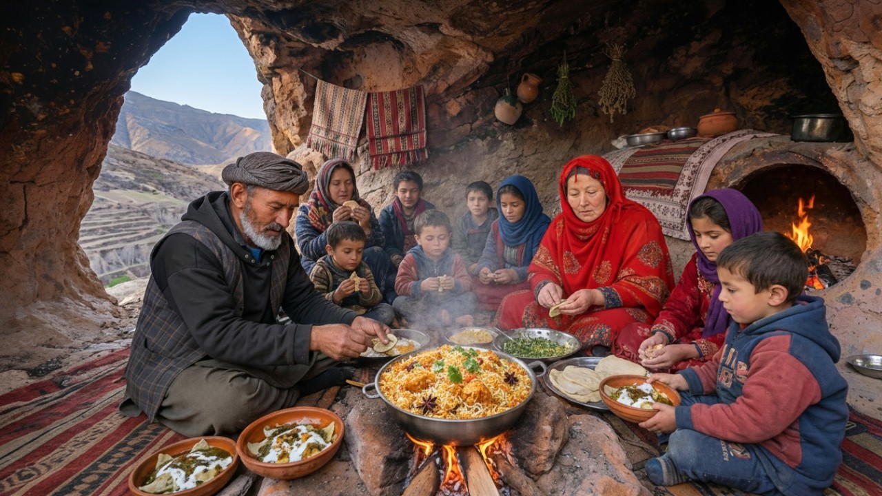 primitive food cooking in cave | surviving village life afghanistan