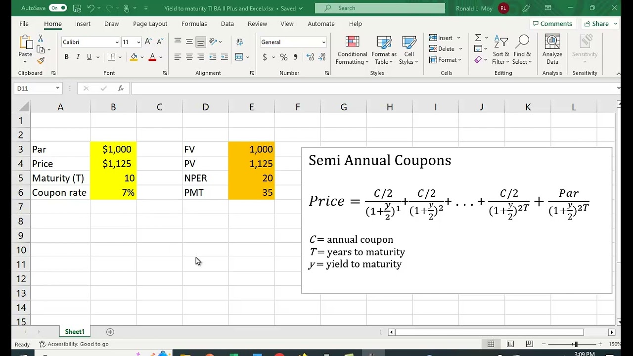 YTM in Excel and TI BA II Plus