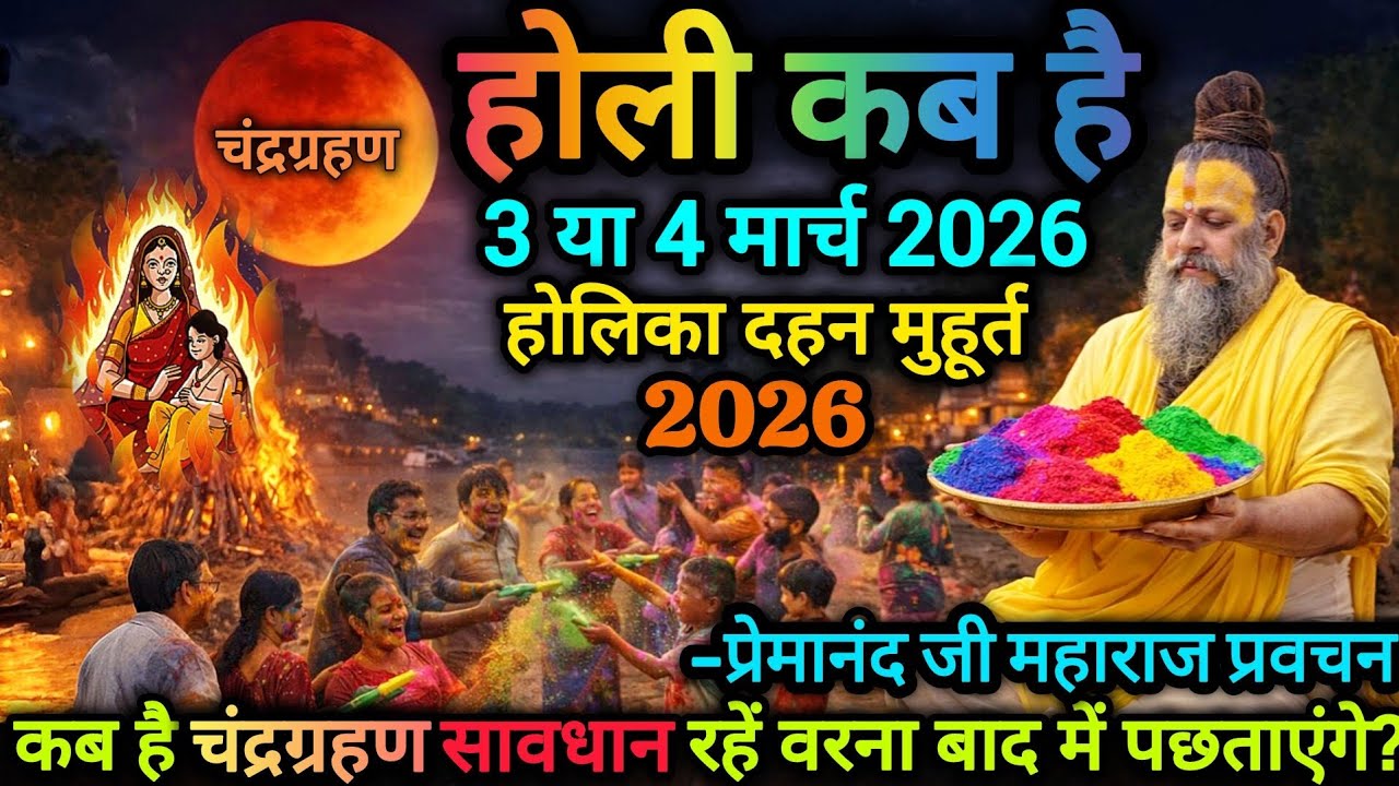 2026 में होली कब है | 3 या 4 मार्च | चंद्रग्रहण का असर | होलिका दहन शुभ मुहूर्त | प्रेमानंद जीमहाराज
