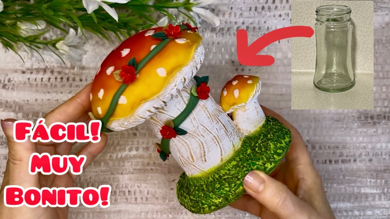DIY/ 🍄decoración SETA- HONGO en porcelana fría con frasco reciclado, hongo en pasta flexible