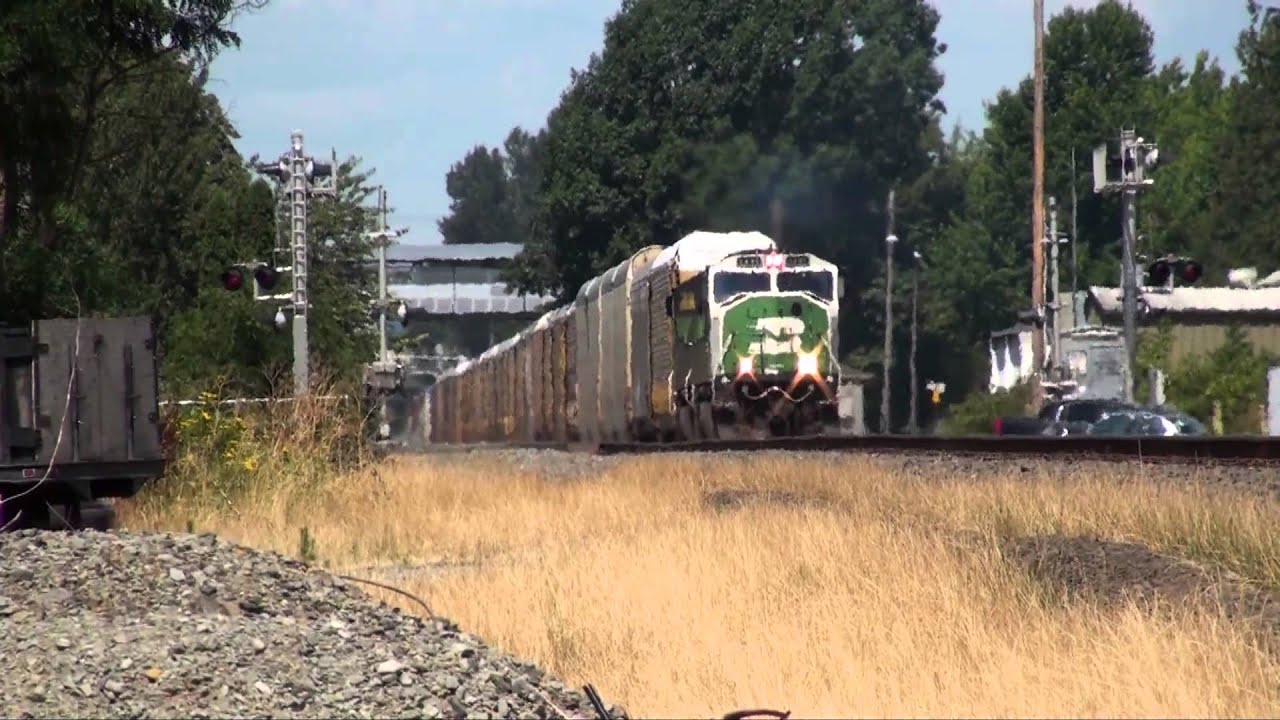 Three freight trains southbound on Main 2, Kent, WA, 7-27-2015