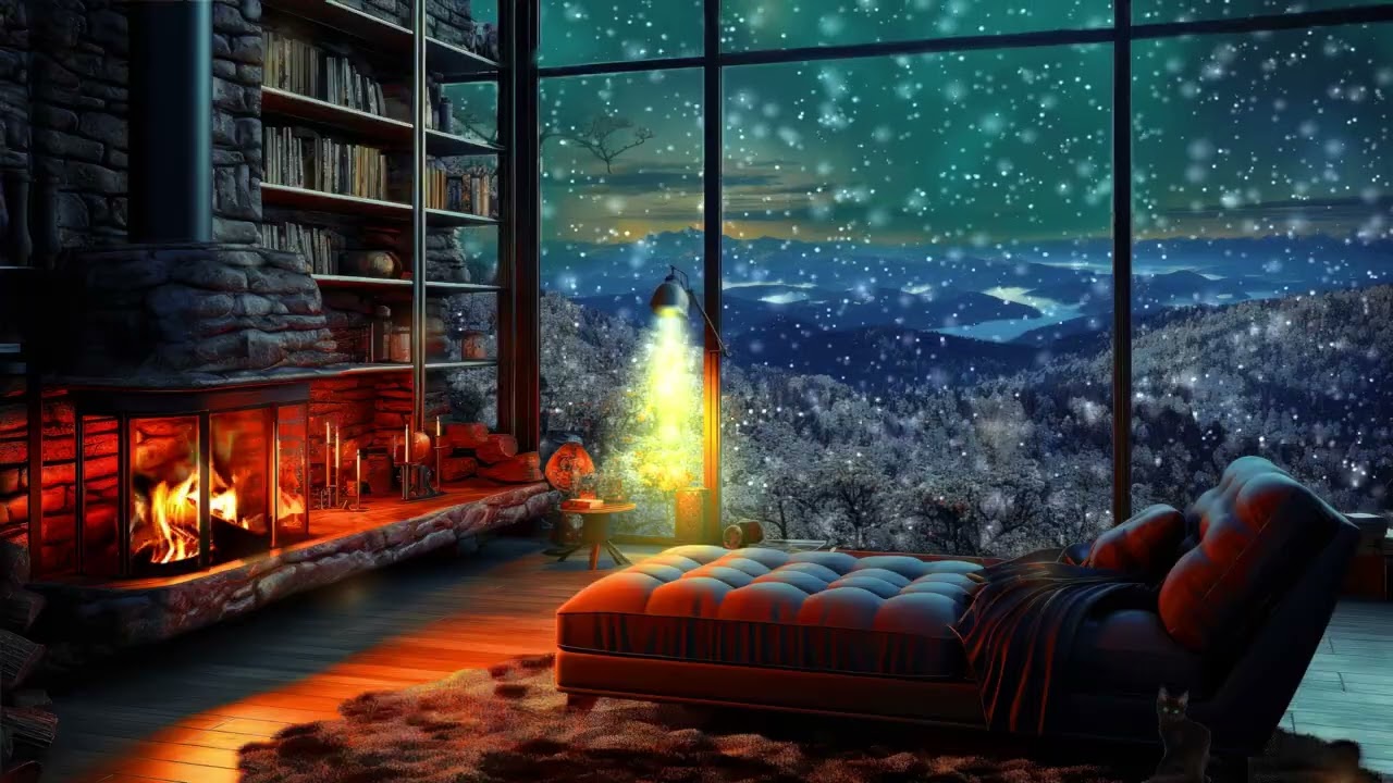 Winter Cabin Fireplace Ambience | Snowfall & Fireplace ASMR | Relaxing Peaceful Winter Music ❄️🔥